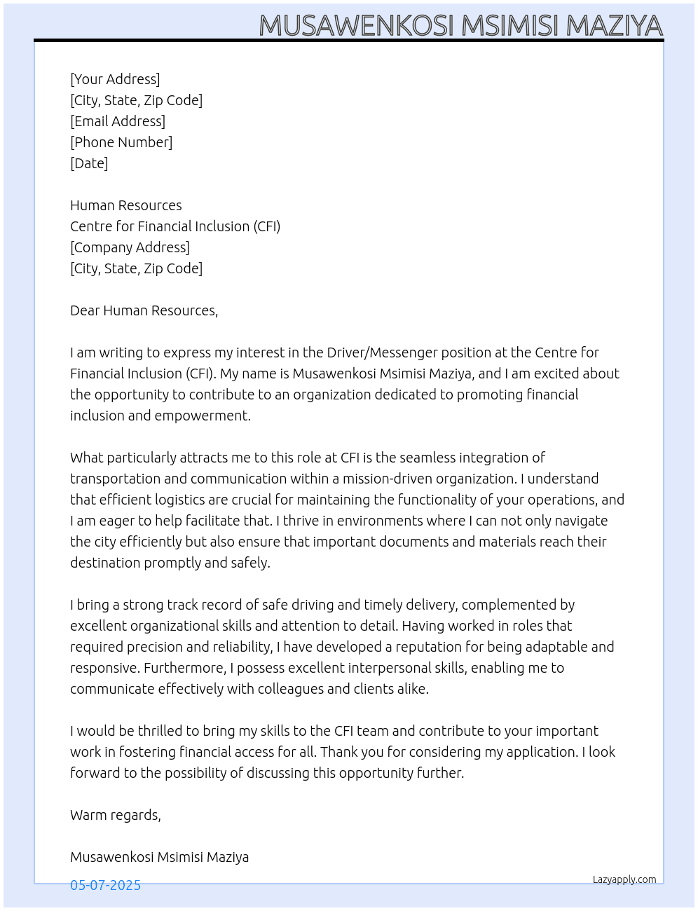 Cover letter for driver/messenger - LazyApply
