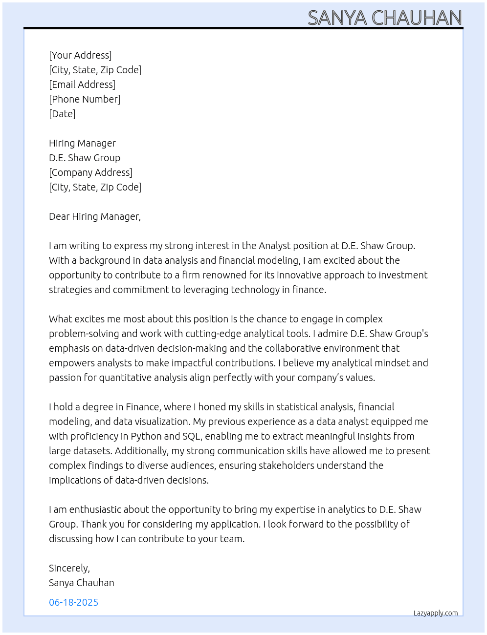 Analyst At D.E. Shaw Group Cover Letter