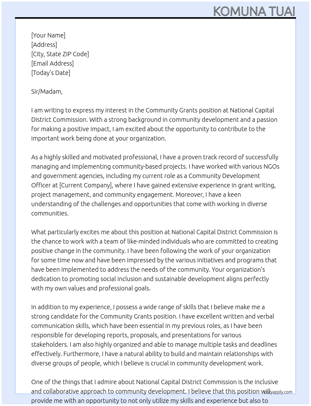 Community Grants At National Capital District Commission Cover Letter