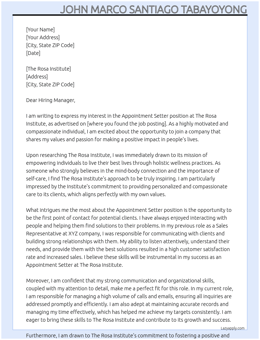 Appointment Setter At The Rosa Institute Cover Letter