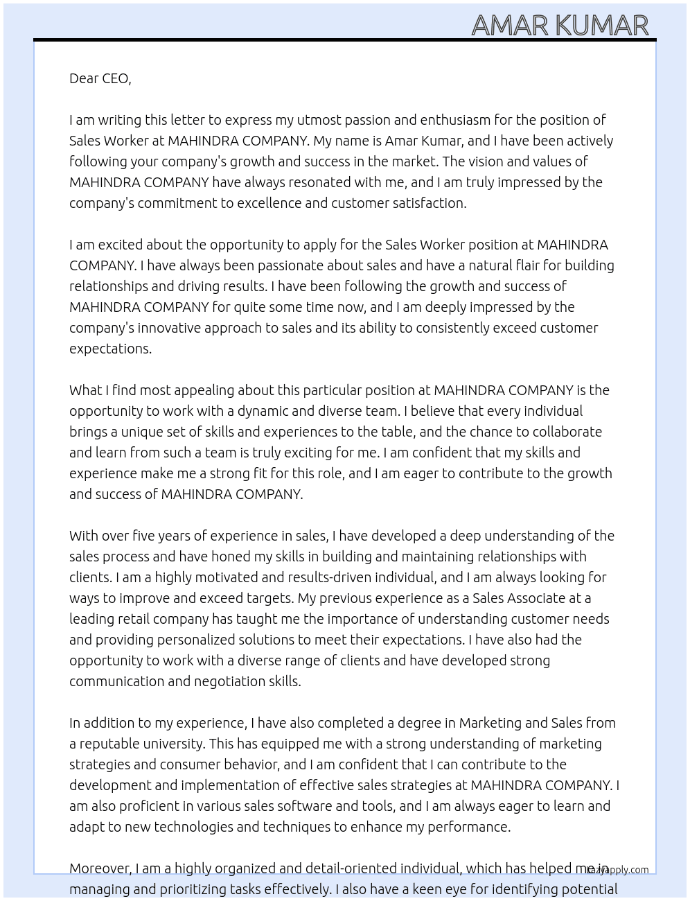 Sales worker At MAHINDRA COMPANY  Cover Letter