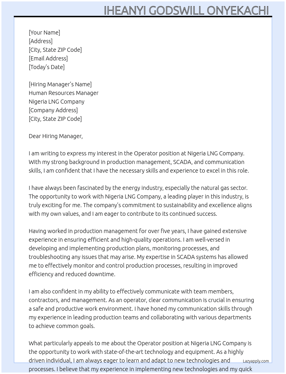 operator  At Nigeria LNG Company  Cover Letter