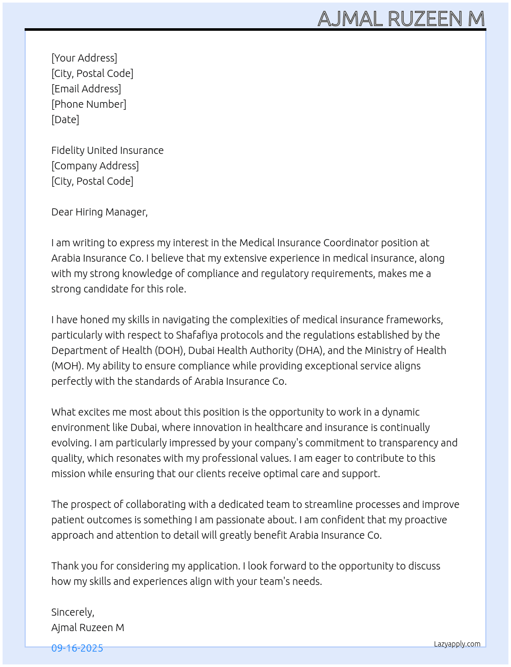 Medical Insurance Coordinator  At Arabia Insurance Co Cover Letter