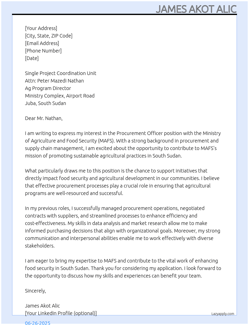 Procurement Officer At The Ministry of Agriculture and Food Security (MAFS) Cover Letter