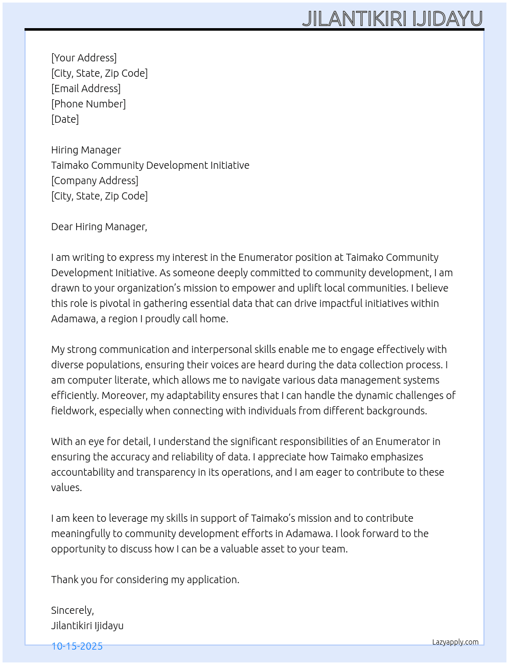Enumerator  At Taimako Community Development Initiative  Cover Letter