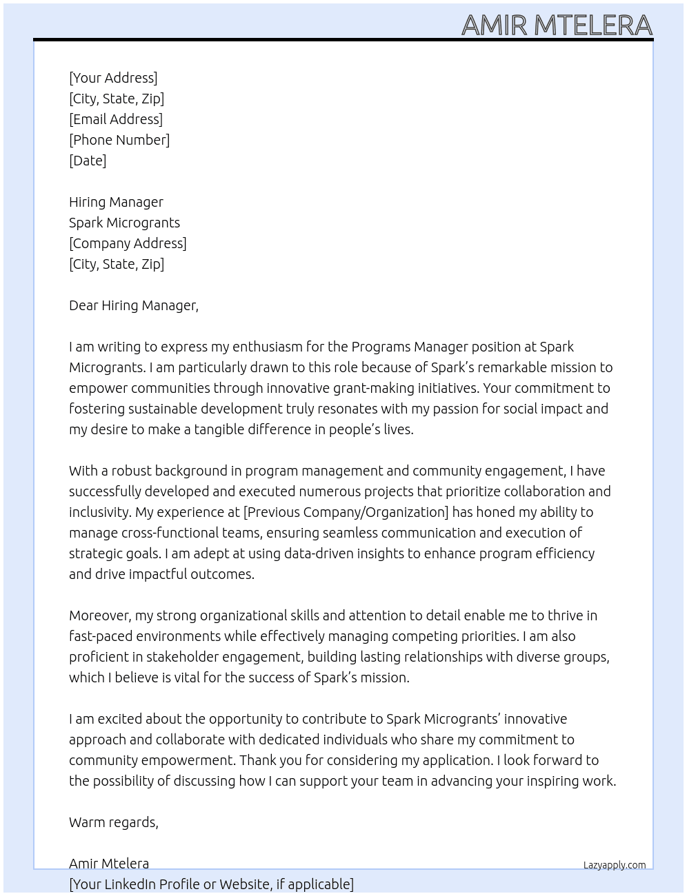 Programs manager  At Spark microgrants  Cover Letter