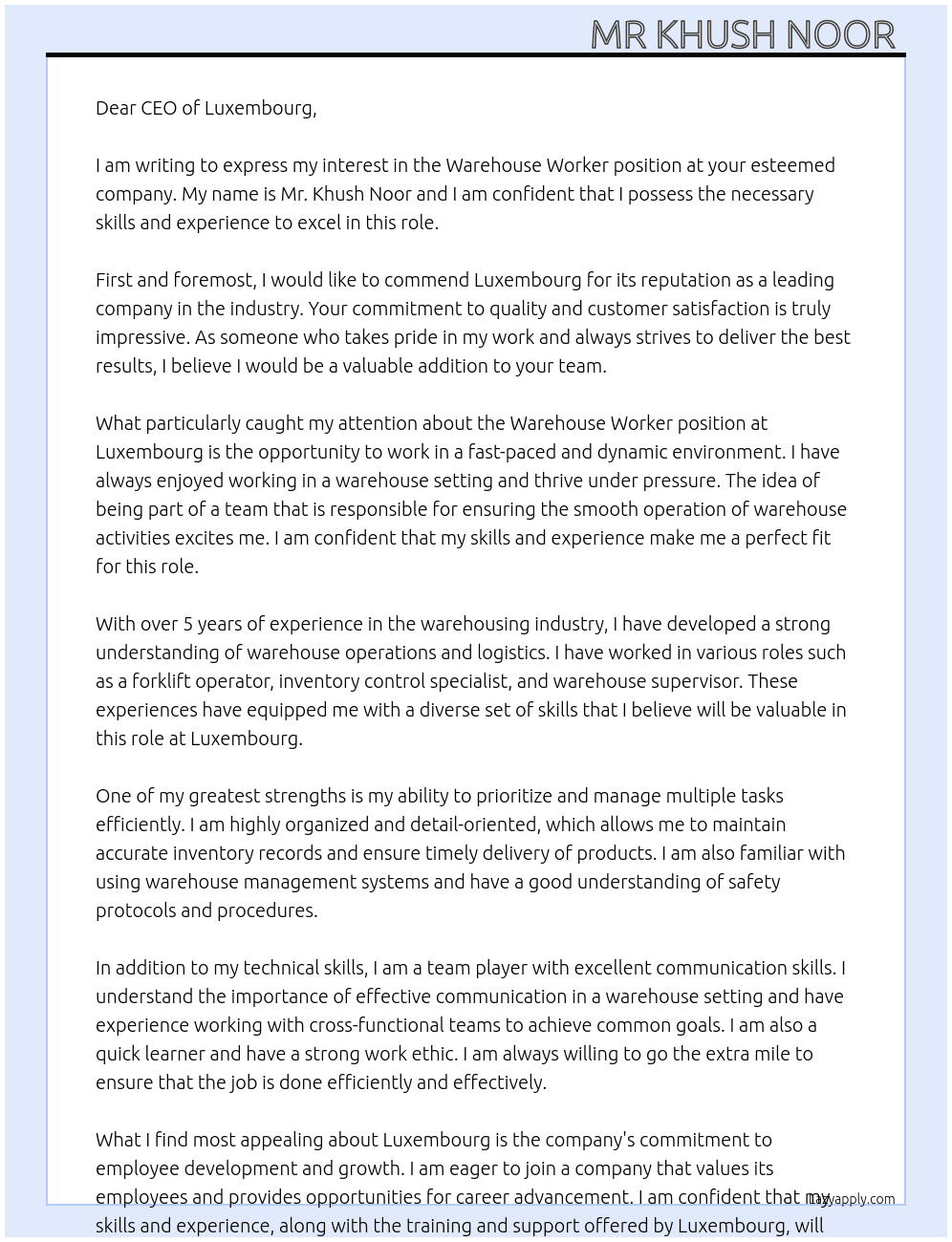 Warehouse worker  At Luxembourg  Cover Letter