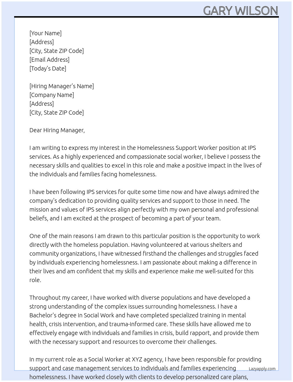 Homelessness support worker At IPS services Cover Letter