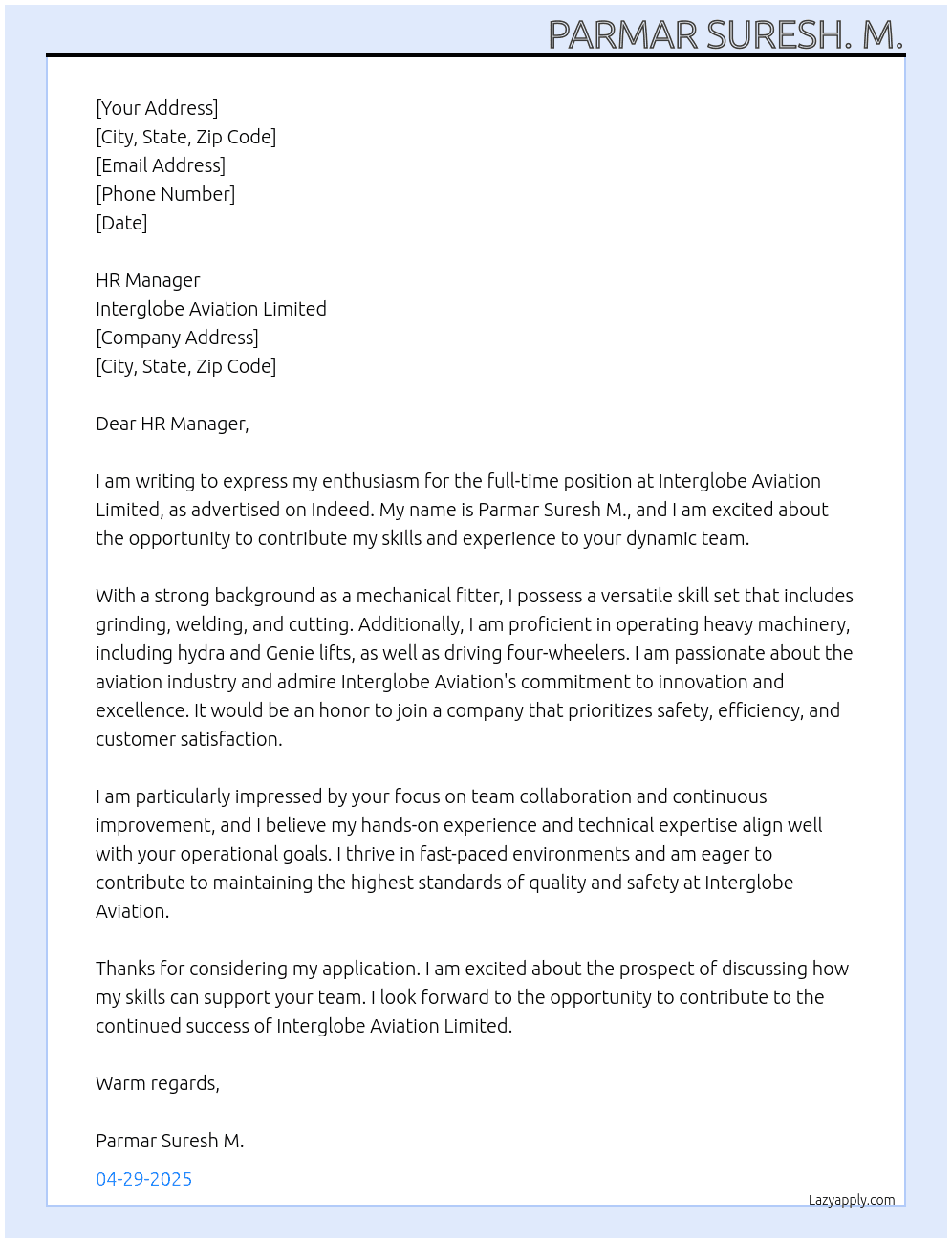 Indeed  At Interglobe aviation Limited  Cover Letter