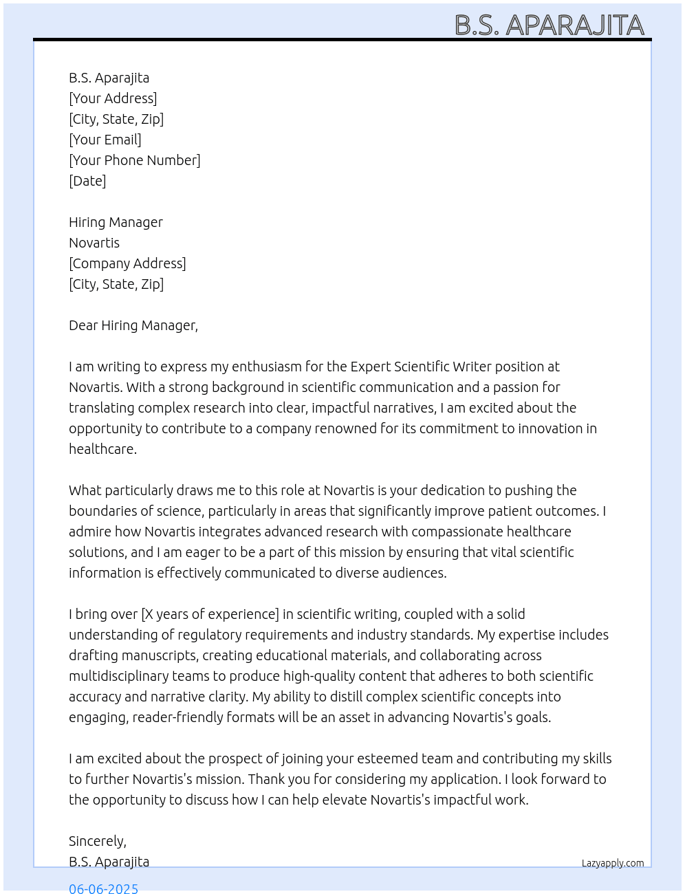 Expert scientific writer  At Novartis  Cover Letter