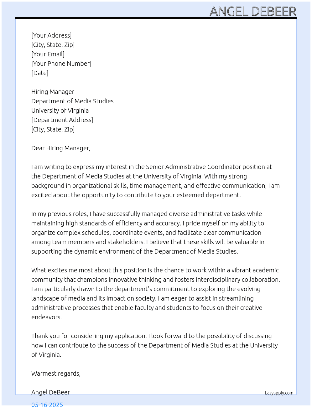 Cover letter for senior administrative coordinator - LazyApply