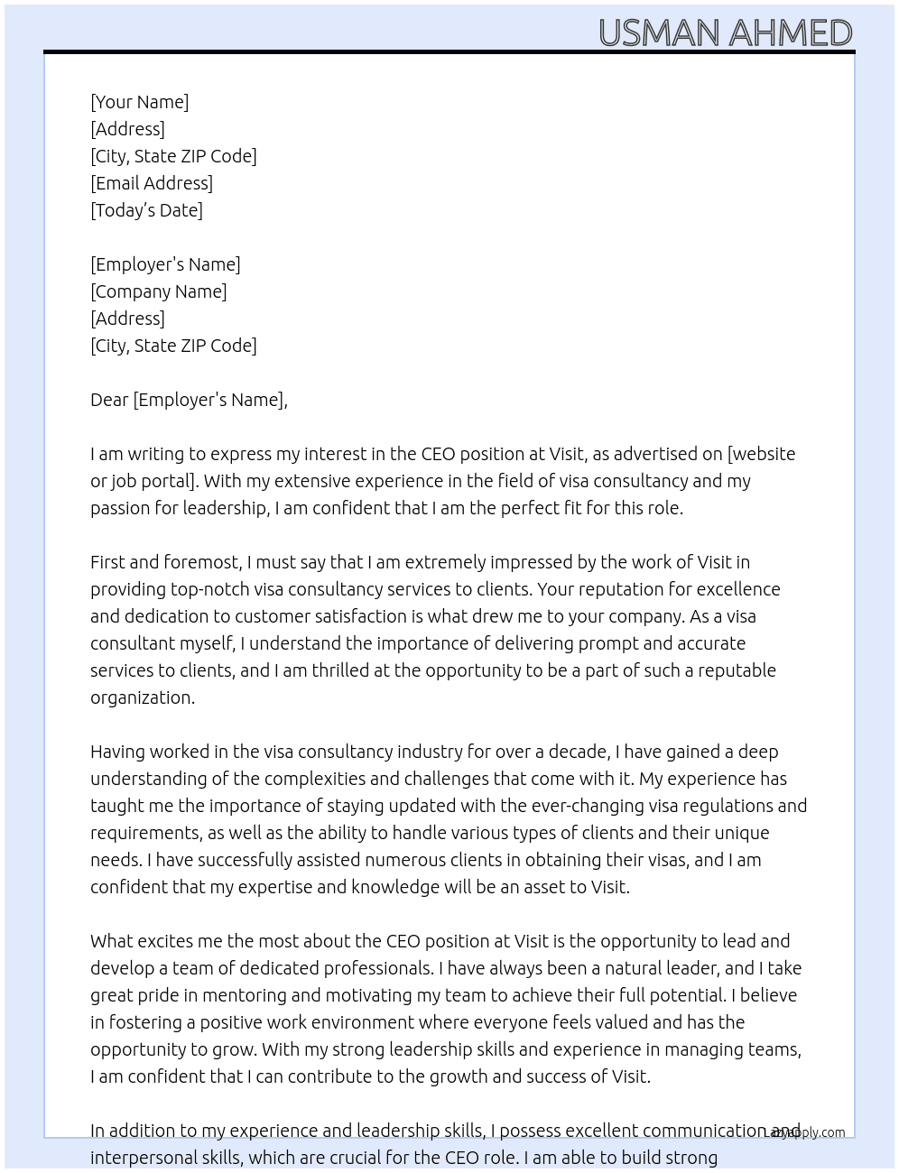 ceo At Visit Cover Letter