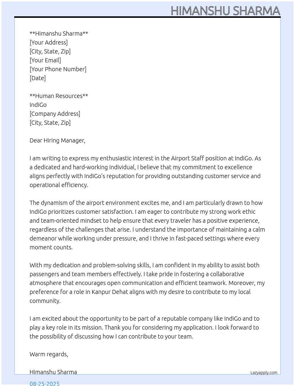 Airport staff  At Indiago  Cover Letter