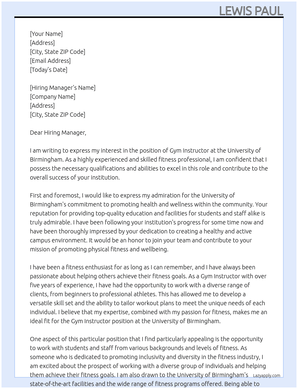 Gym Instructor At University of Birmingham Cover Letter