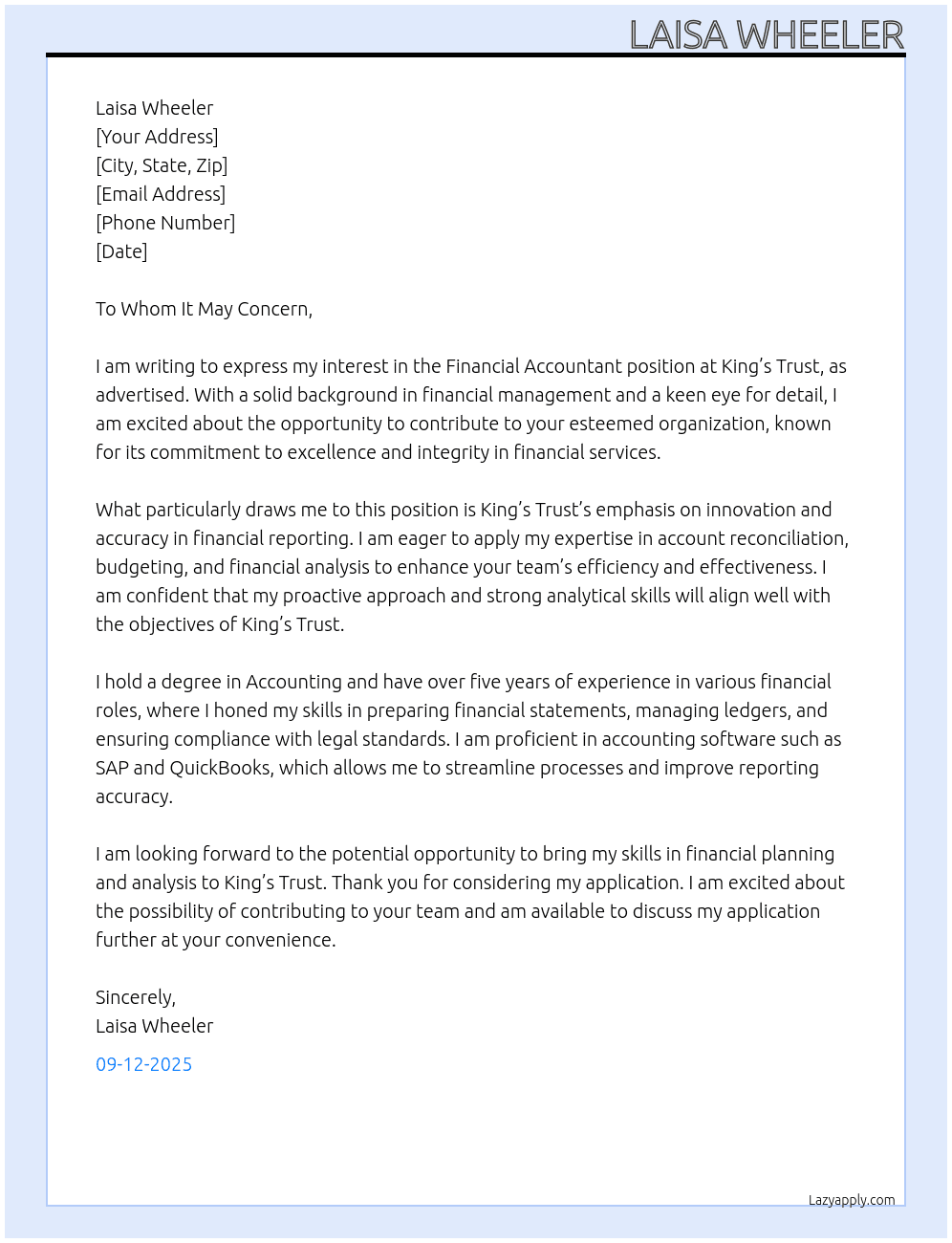 Cover letter for financial acoountant - LazyApply
