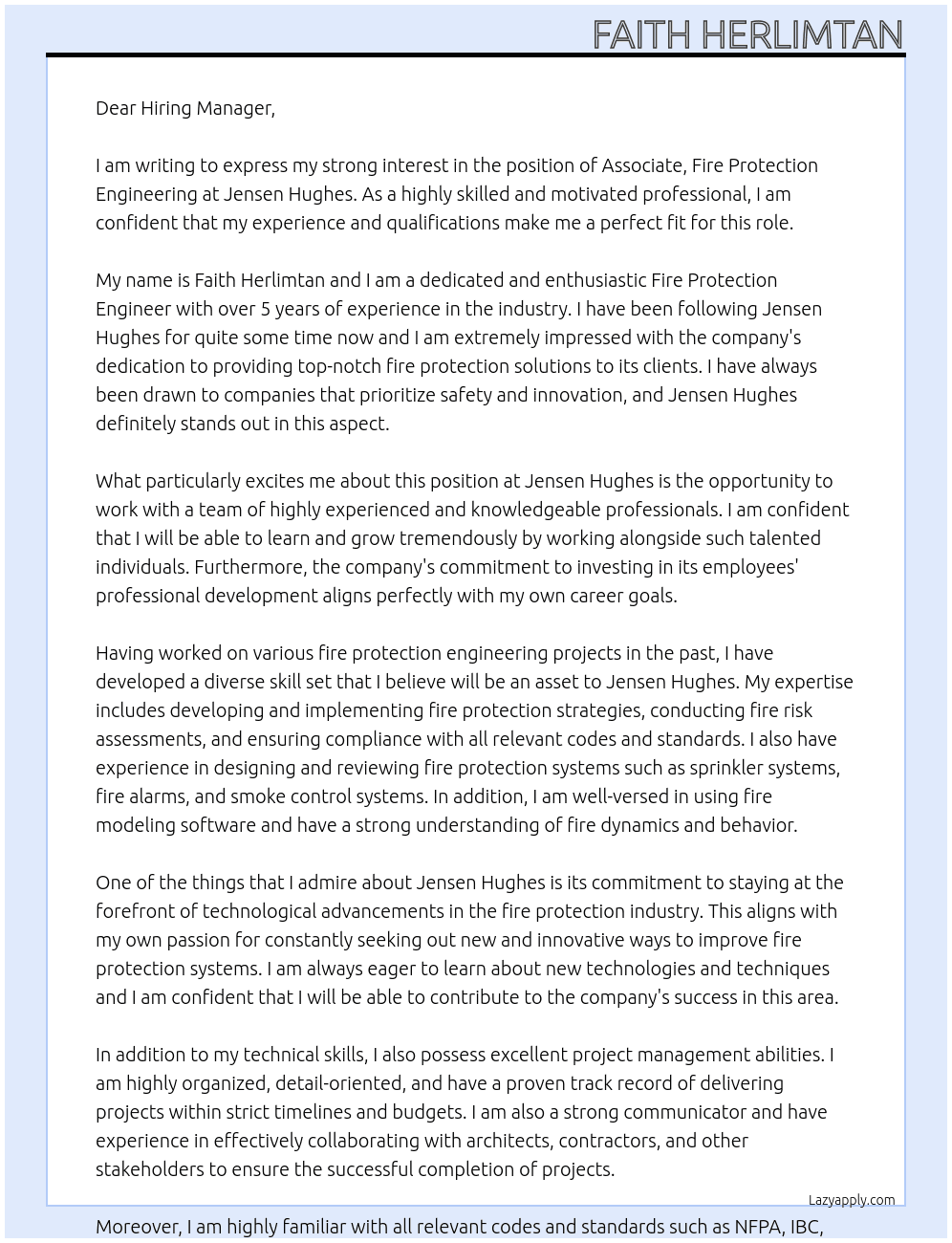 Associate, Fire Protection Engineering At Jensen Hughes Cover Letter