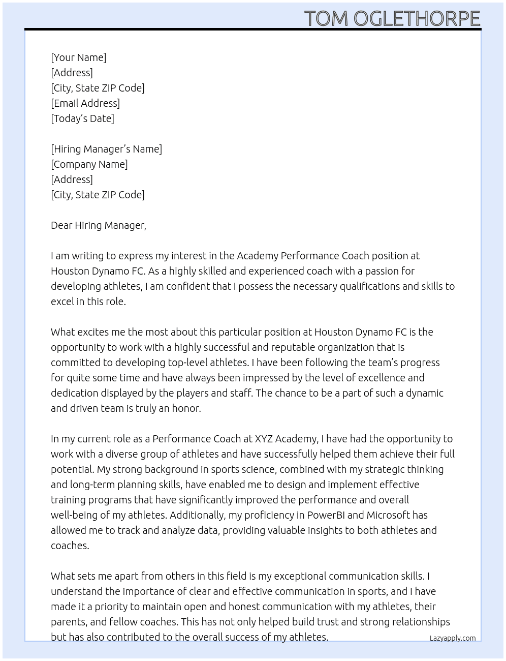 Academy Performance Coach At Houston Dynamo FC Cover Letter