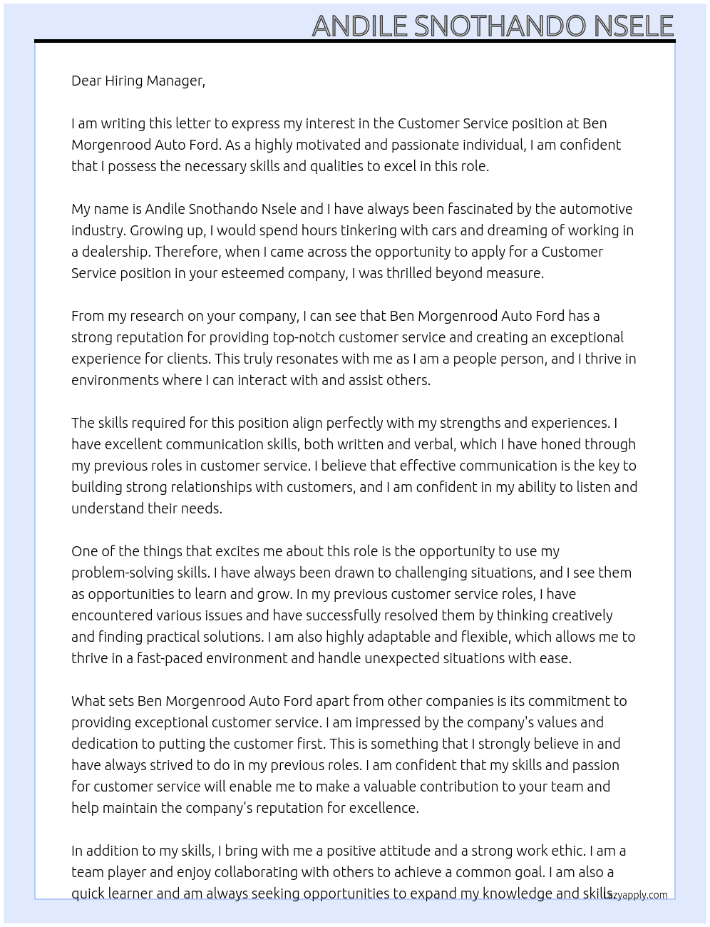 Customer Service At Ben Morgenrood Auto Ford Cover Letter