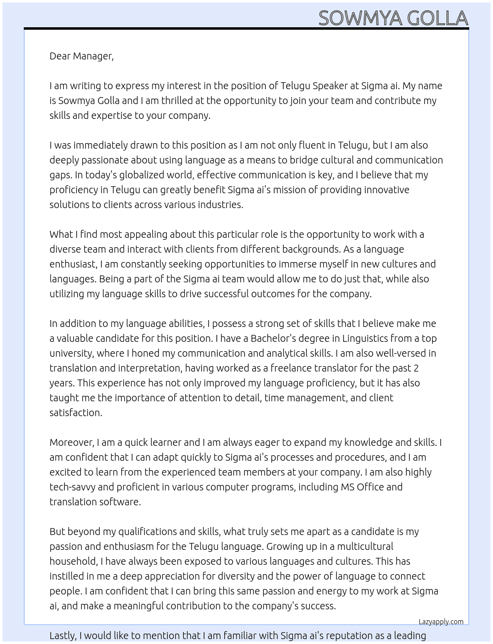 Cover letter for telugu speaker - LazyApply
