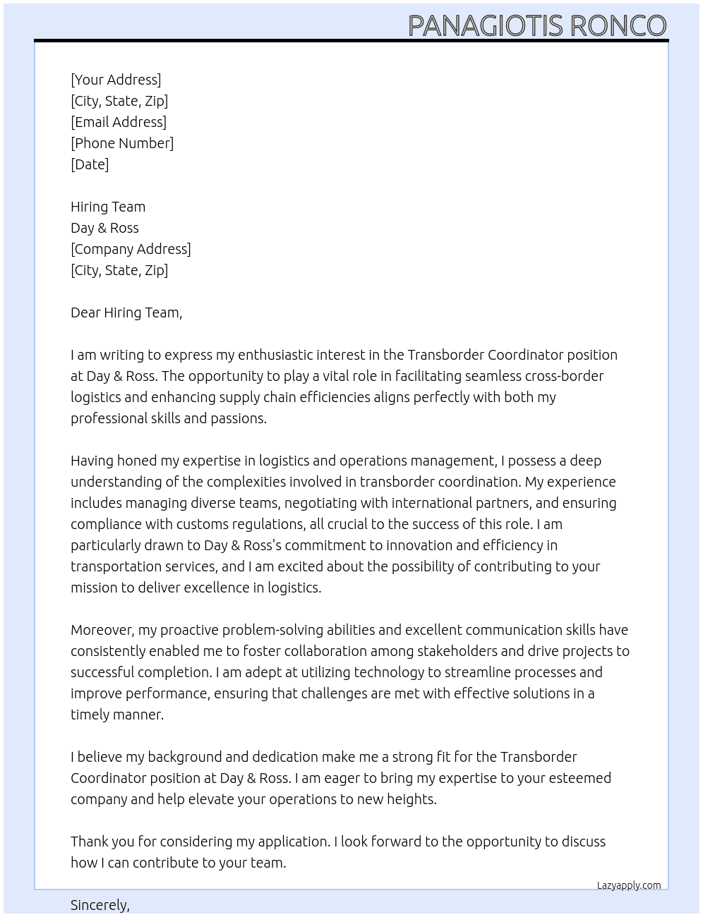 Transborder Coordinator At Day & Ross Cover Letter