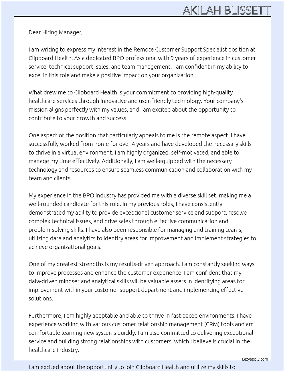 Cover letter for remote customer support specialist - LazyApply