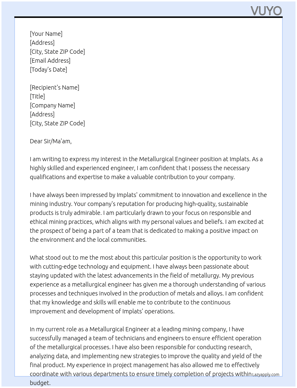 Metallurgical engineer At Implats Cover Letter