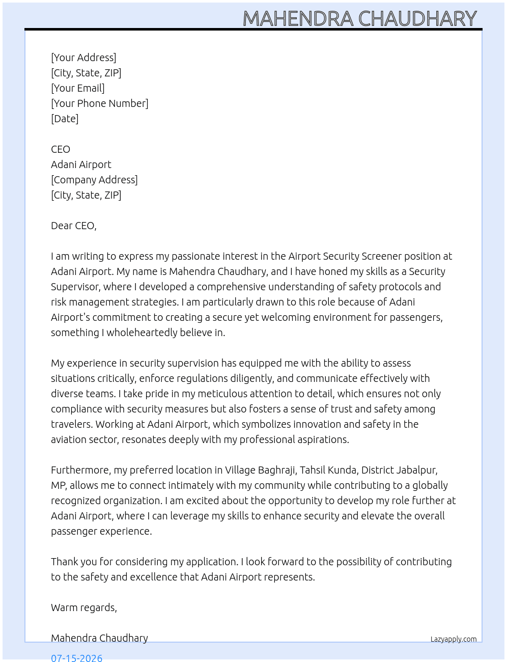 Cover letter for airport security screener - LazyApply