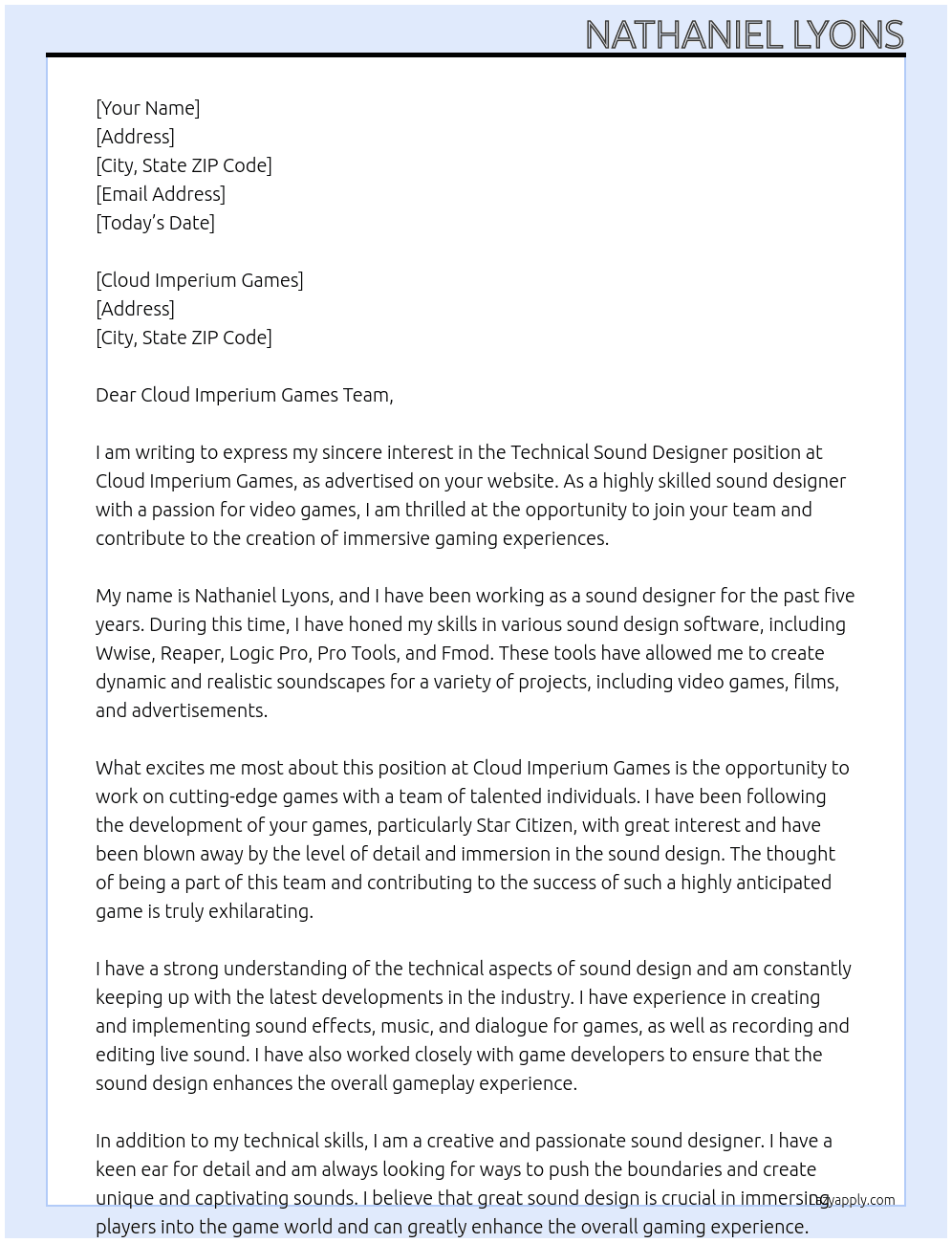 Cover letter for technical sound designer - LazyApply