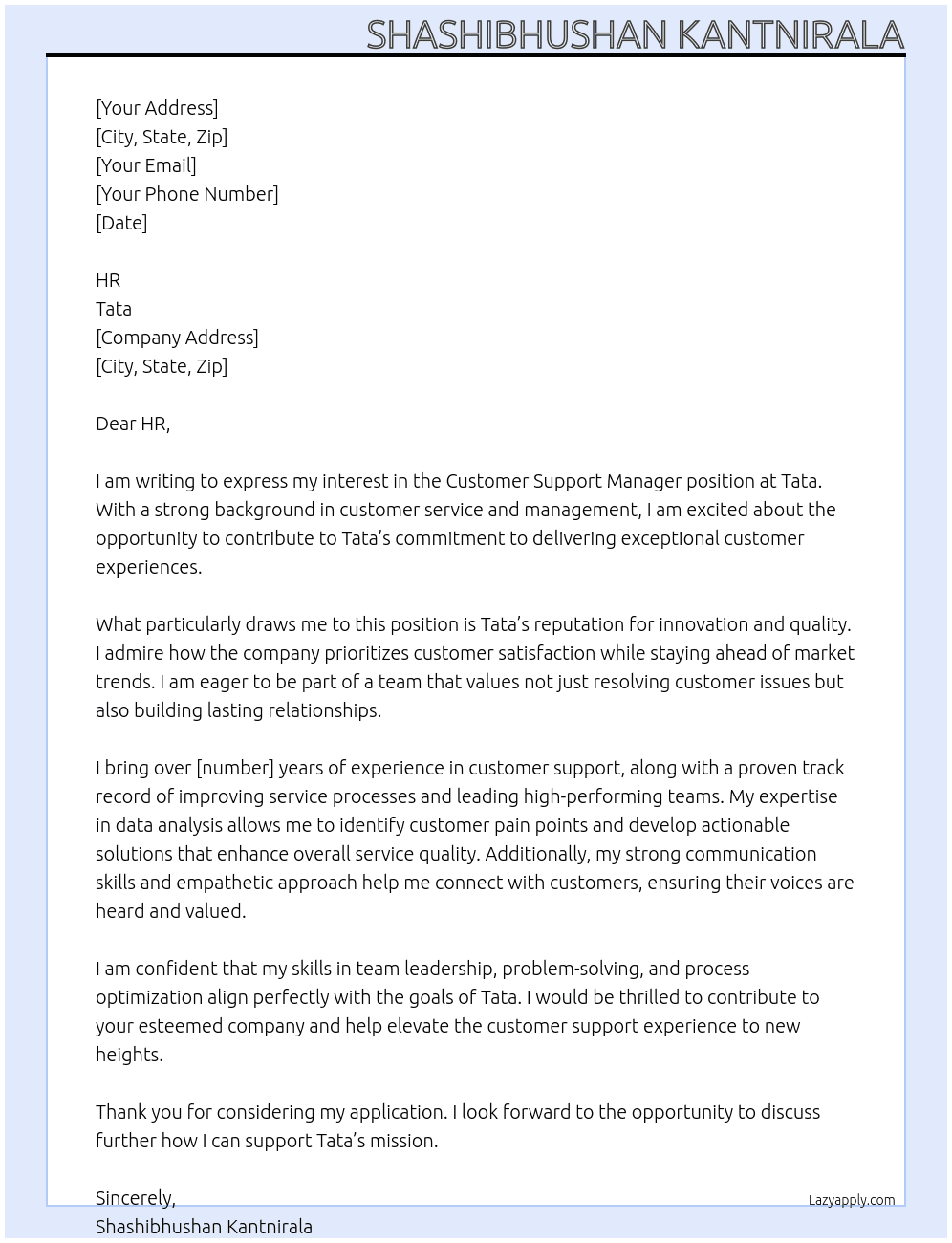 customer support manager At tata Cover Letter