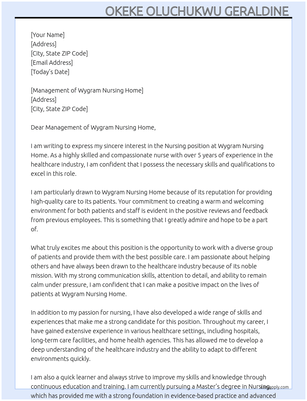 Nursing  At Wygram Nursing Home Cover Letter