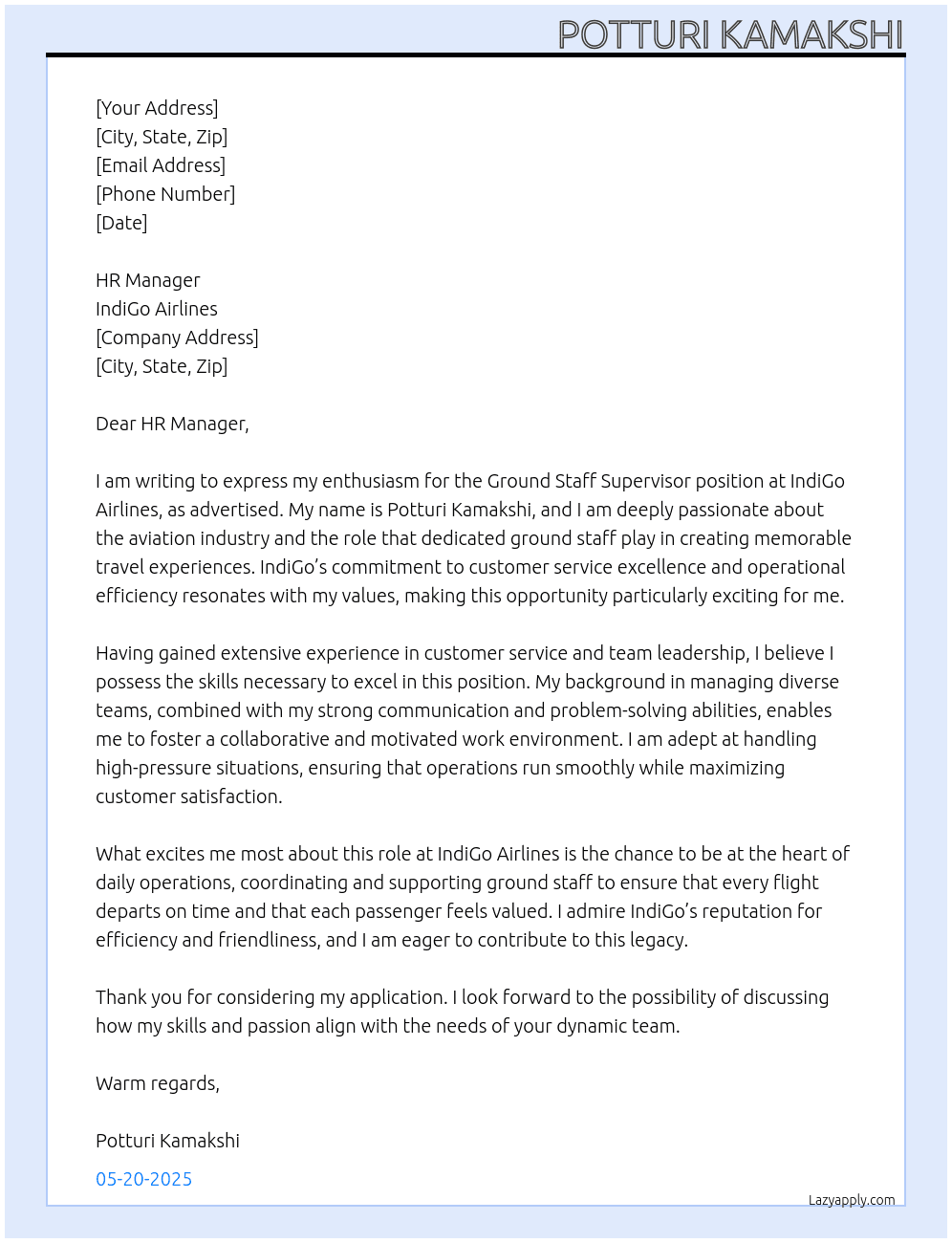 Cover letter for ground staff supervisour - LazyApply