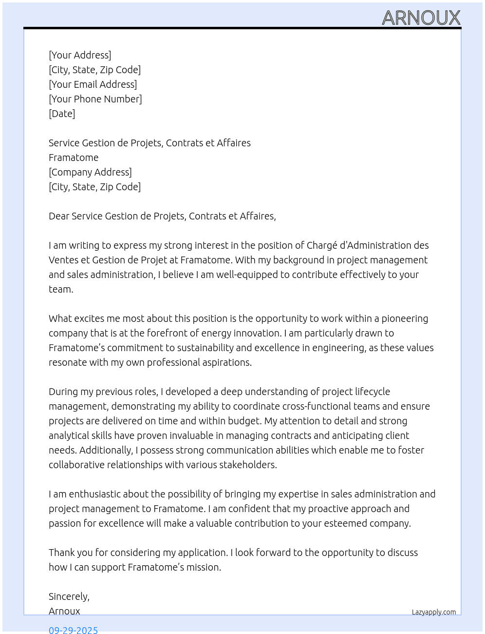 chargé d'administration des ventes et gestion de projet At framatome Cover Letter