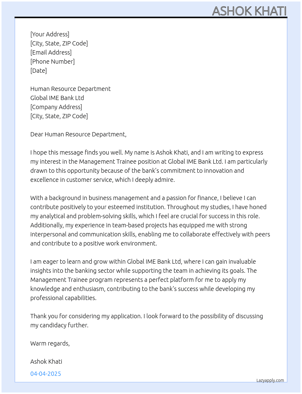 Management Trainee At Global IME Bank Ltd Cover Letter