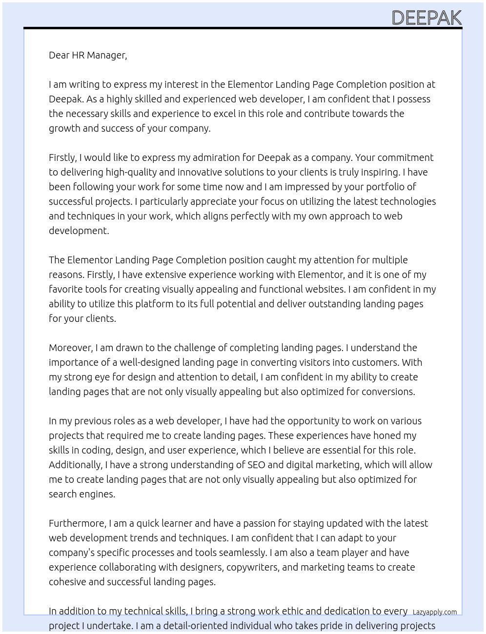 Elementor Landing Page Completion At deepak Cover Letter