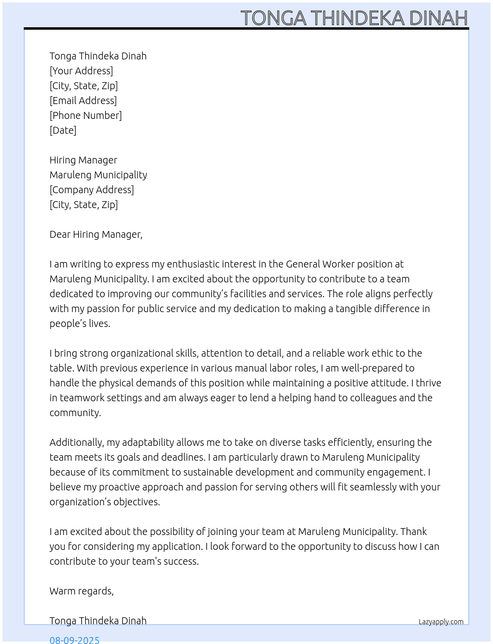 General Worker At Maruleng Municipality Cover Letter