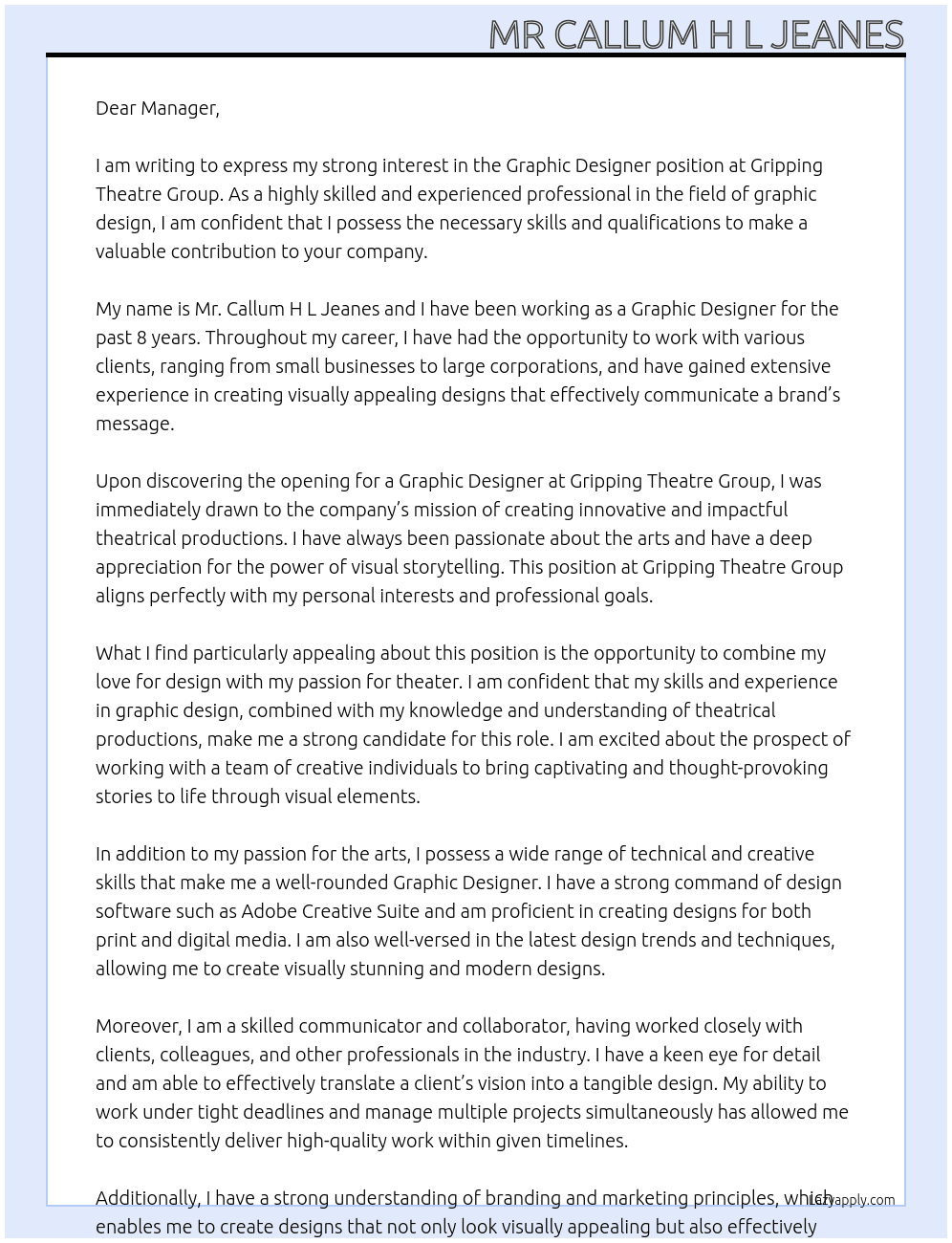 Graphic Designer At Gripping Theatre Group Cover Letter