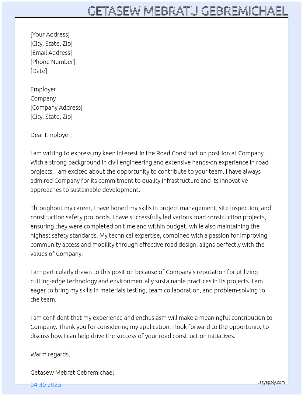 Cover letter for road construction - LazyApply