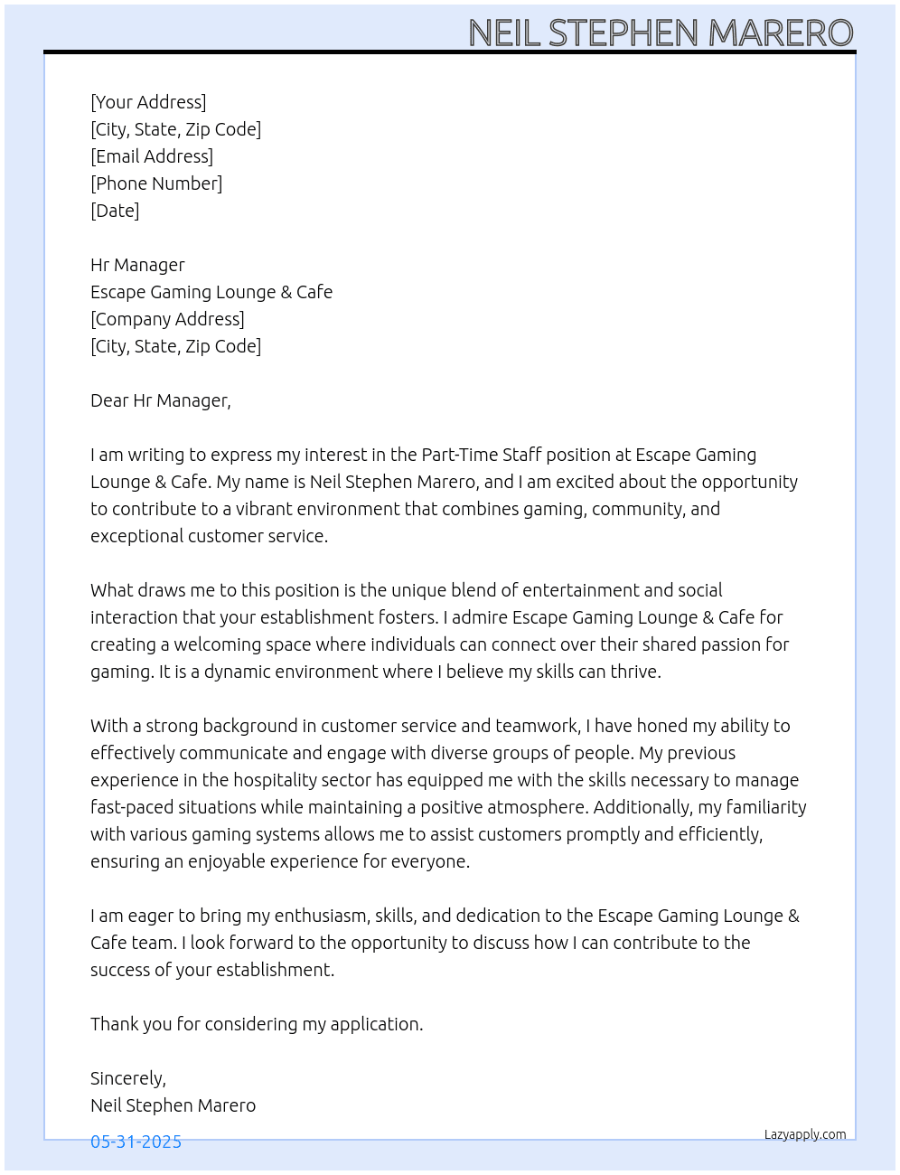 Cover letter for part-time staff - LazyApply