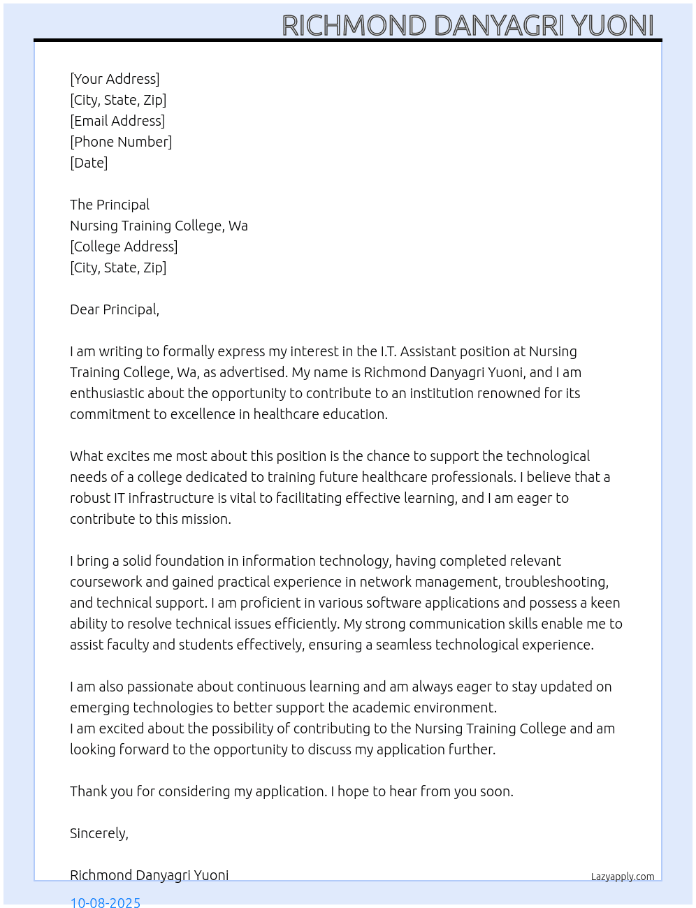 I.T Assistant  At Nursing Training College, Wa Cover Letter