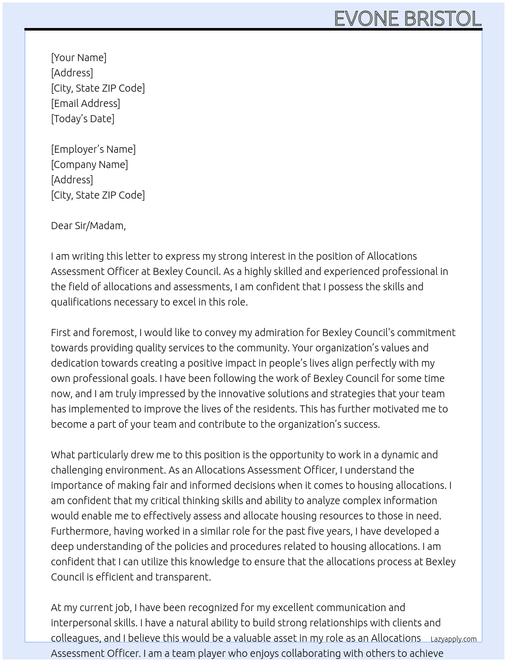 Allocations Assessment Officer  At Bexley Council Cover Letter
