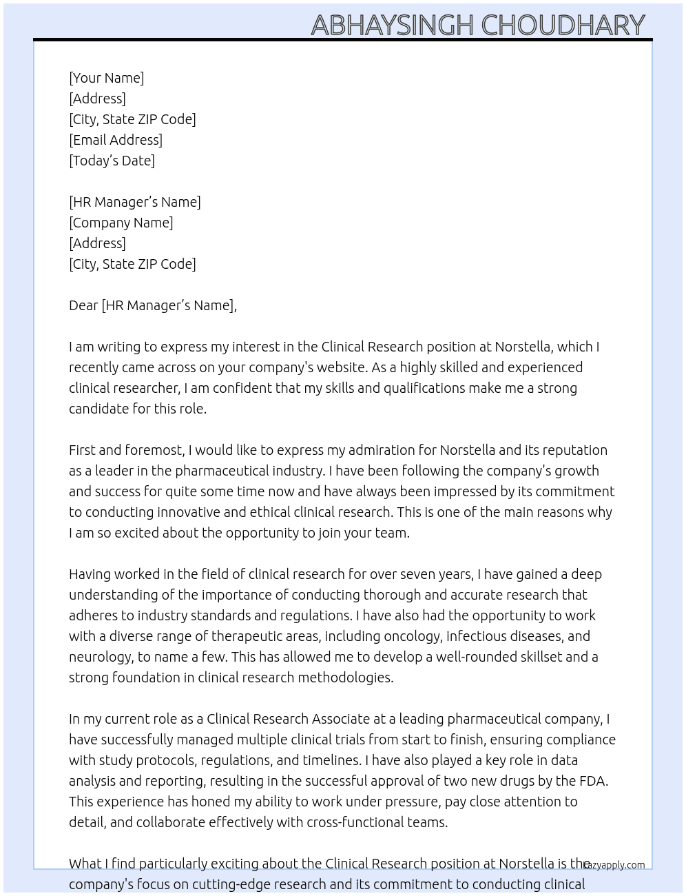 clinical Research  At Norstella Cover Letter