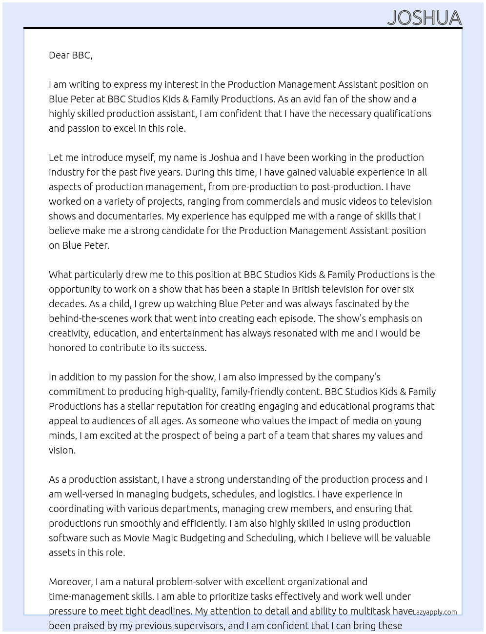 Cover letter for production management assistant on blue peter - LazyApply