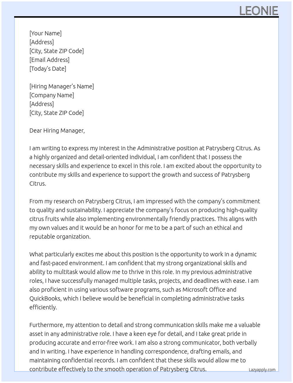 Cover letter for administratief - LazyApply