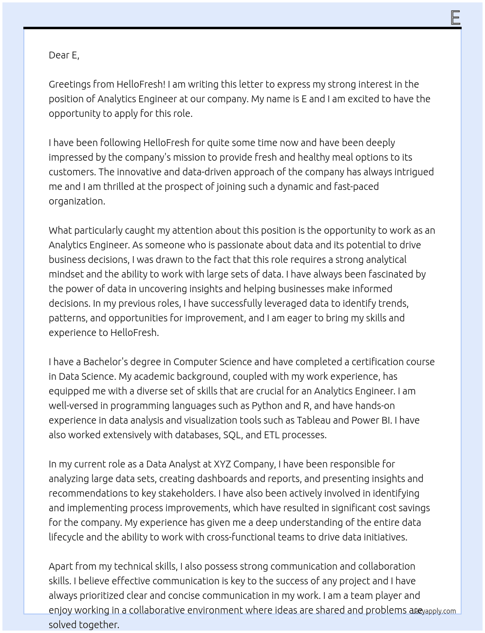 Analytics Engineer At HelloFresh Cover Letter