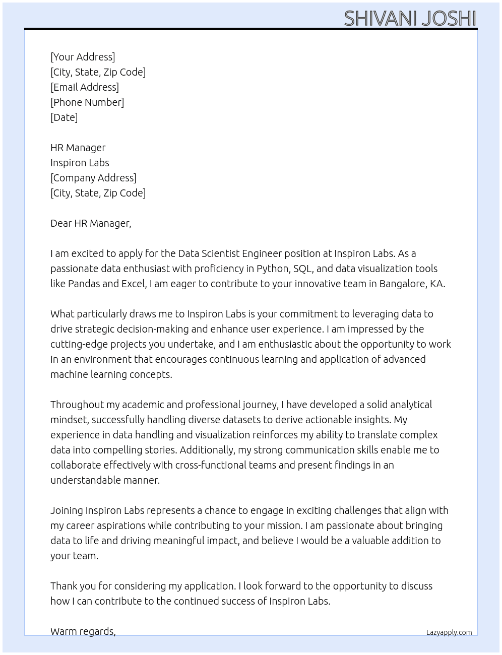 Data Scientist Engineer At Inspiron labs Cover Letter