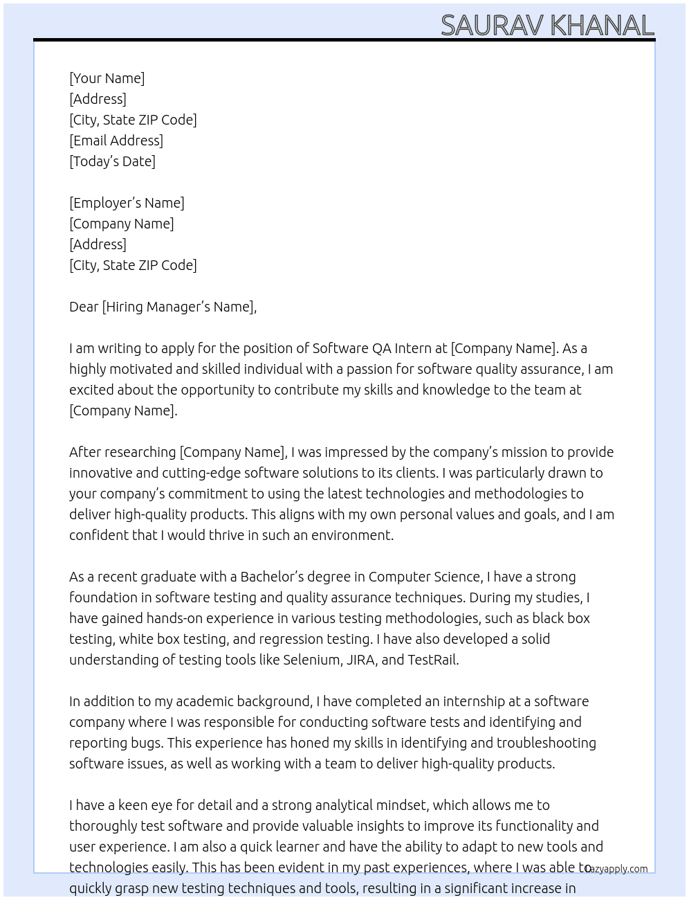 Software QA Intern At spiralogics Cover Letter