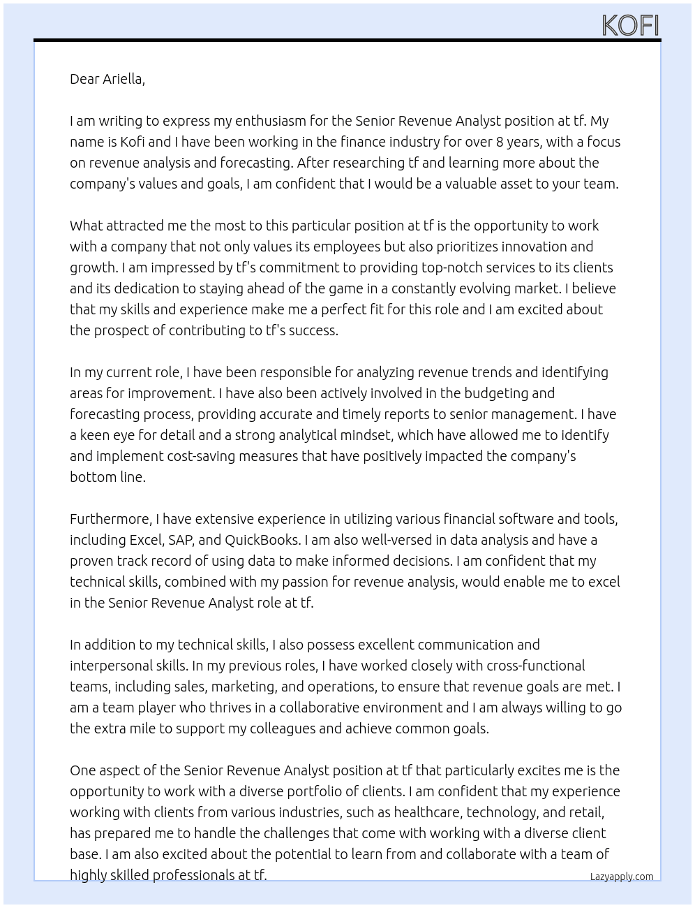Senior Revenue Analyst At tf Cover Letter