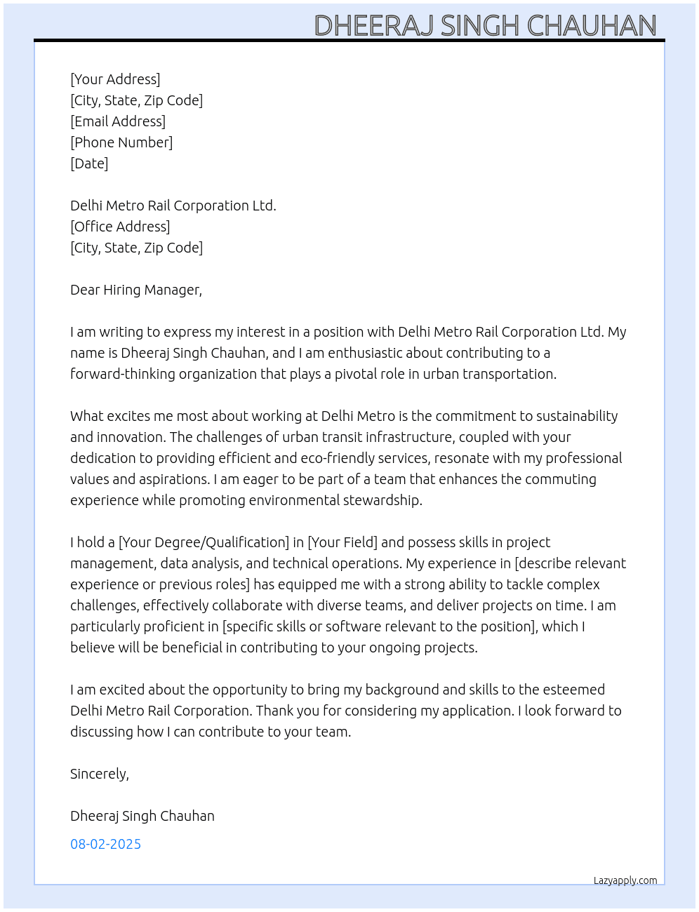 Delhi metro rail corporation  At Delhi metro  Cover Letter