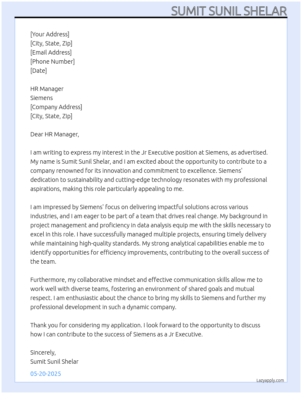 Cover letter for jr executive - LazyApply
