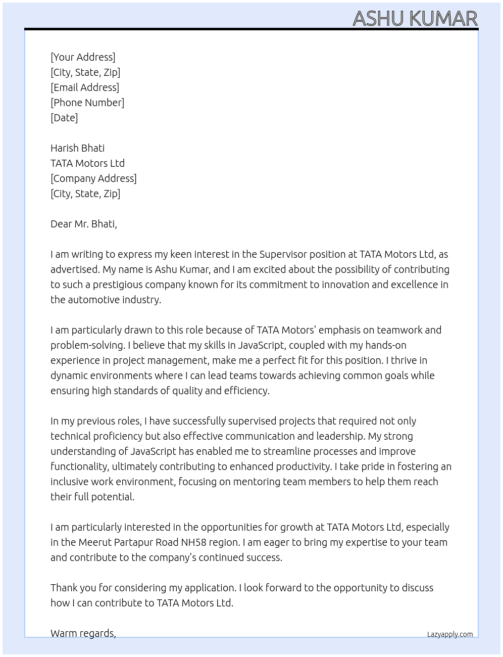 Supervisor  At TATA motors Ltd  Cover Letter